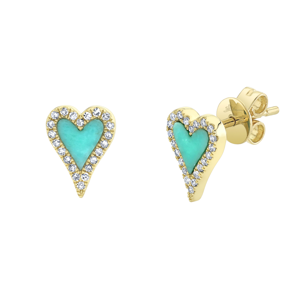 0.13ct Diamond & 0.36ct Composite Turquoise 14K Y/G Heart Stud Earrings