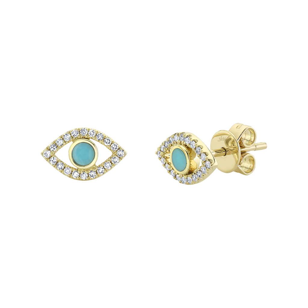 0.12ct Diamond & 0.14ct Composite Turquoise 14K Y/G Eye Stud Earrings