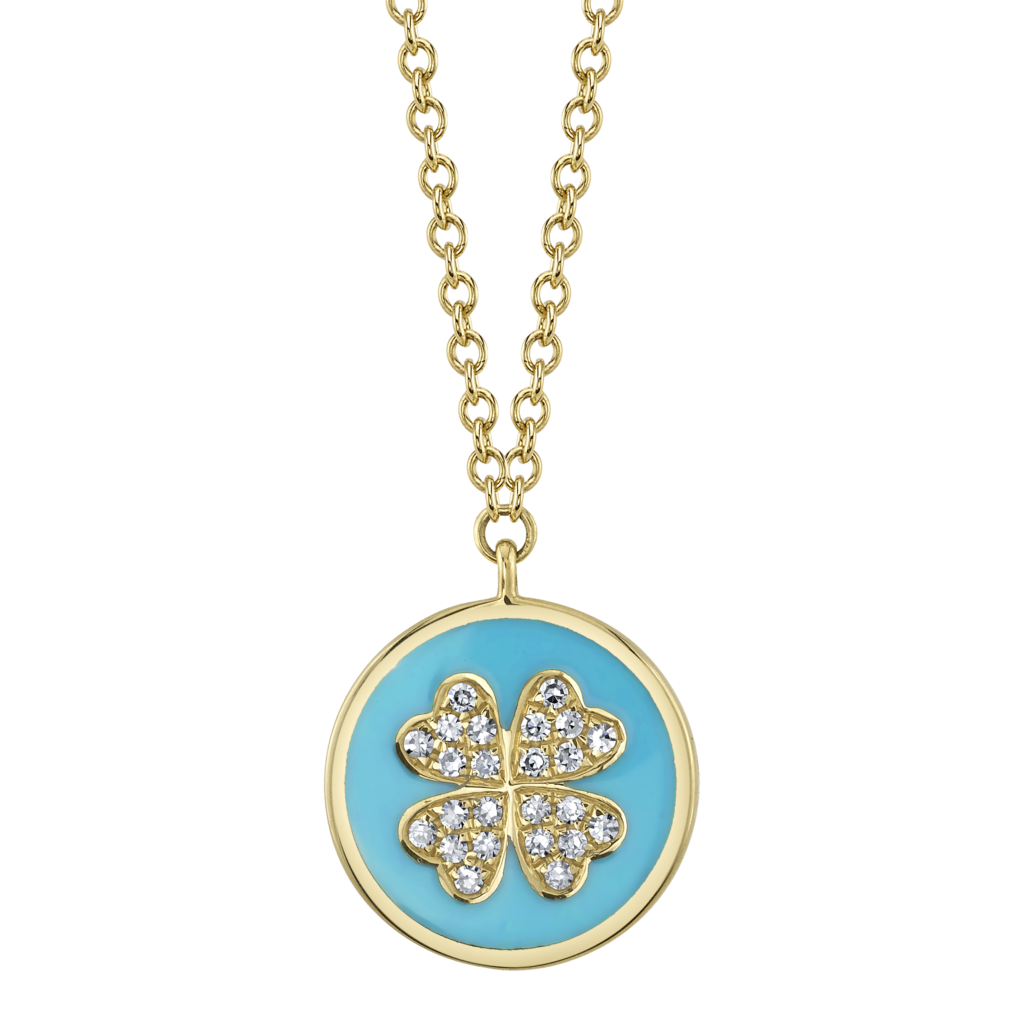0.05ct Diamond & Turquoise-Color Enamel 14K Y/G Clover Necklace