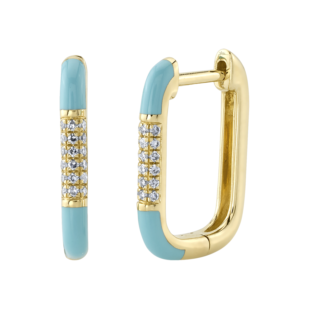 0.08ct Diamond & Turquoise-Color Enamel 14K Y/G Hoop Earrings