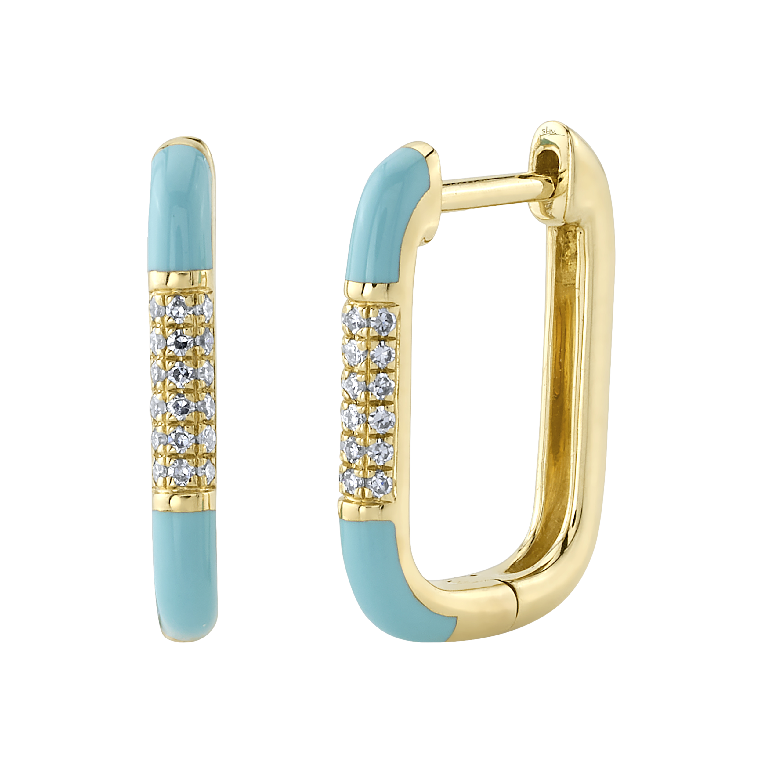 0.08ct Diamond & Turquoise-Color Enamel 14K Y/G Hoop Earrings