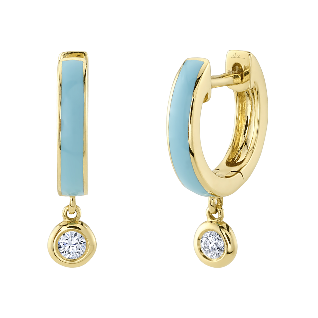 0.08ct Diamond & Turquoise-Color Enamel 14K Y/G Huggie Earrings