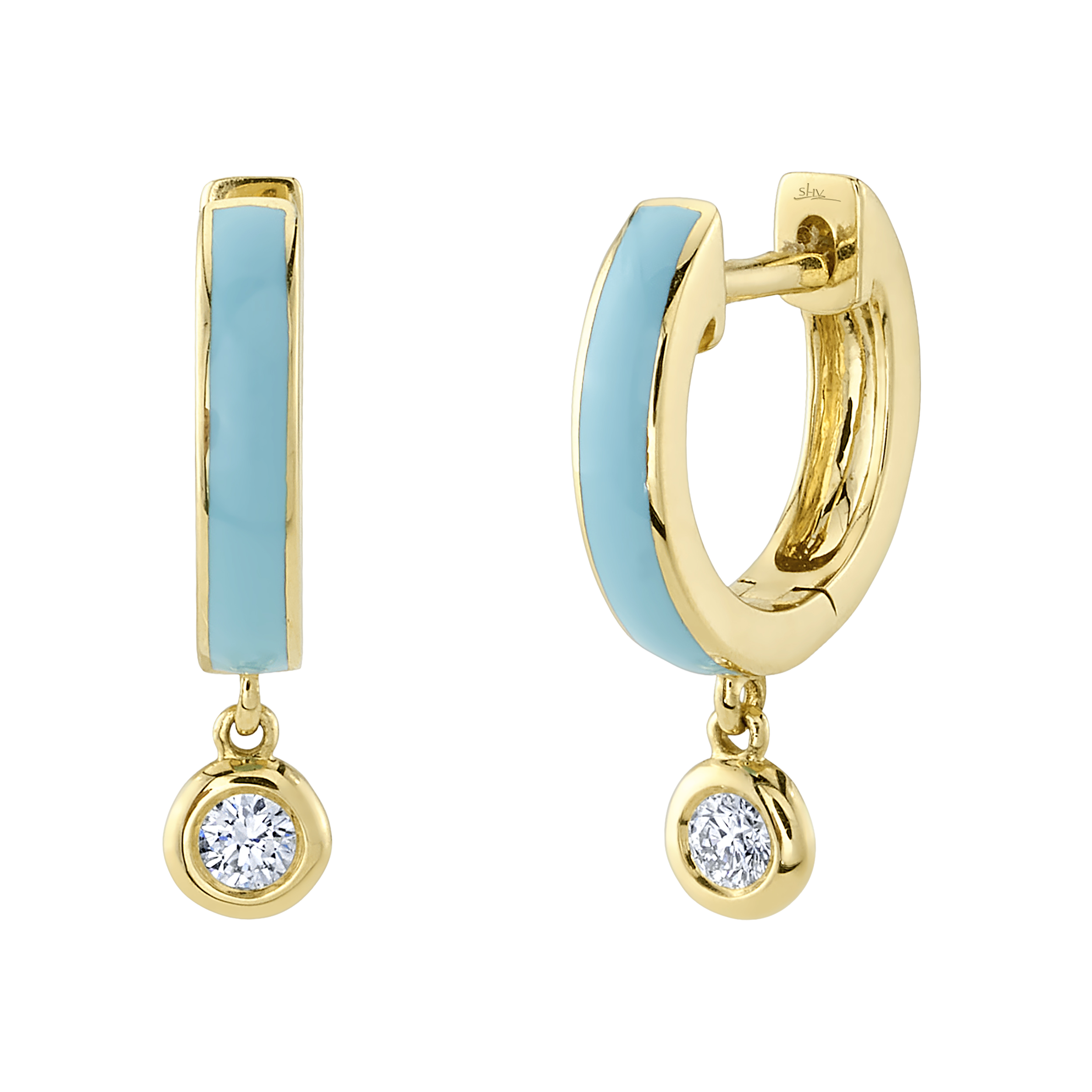 0.08ct Diamond & Turquoise-Color Enamel 14K Y/G Huggie Earrings