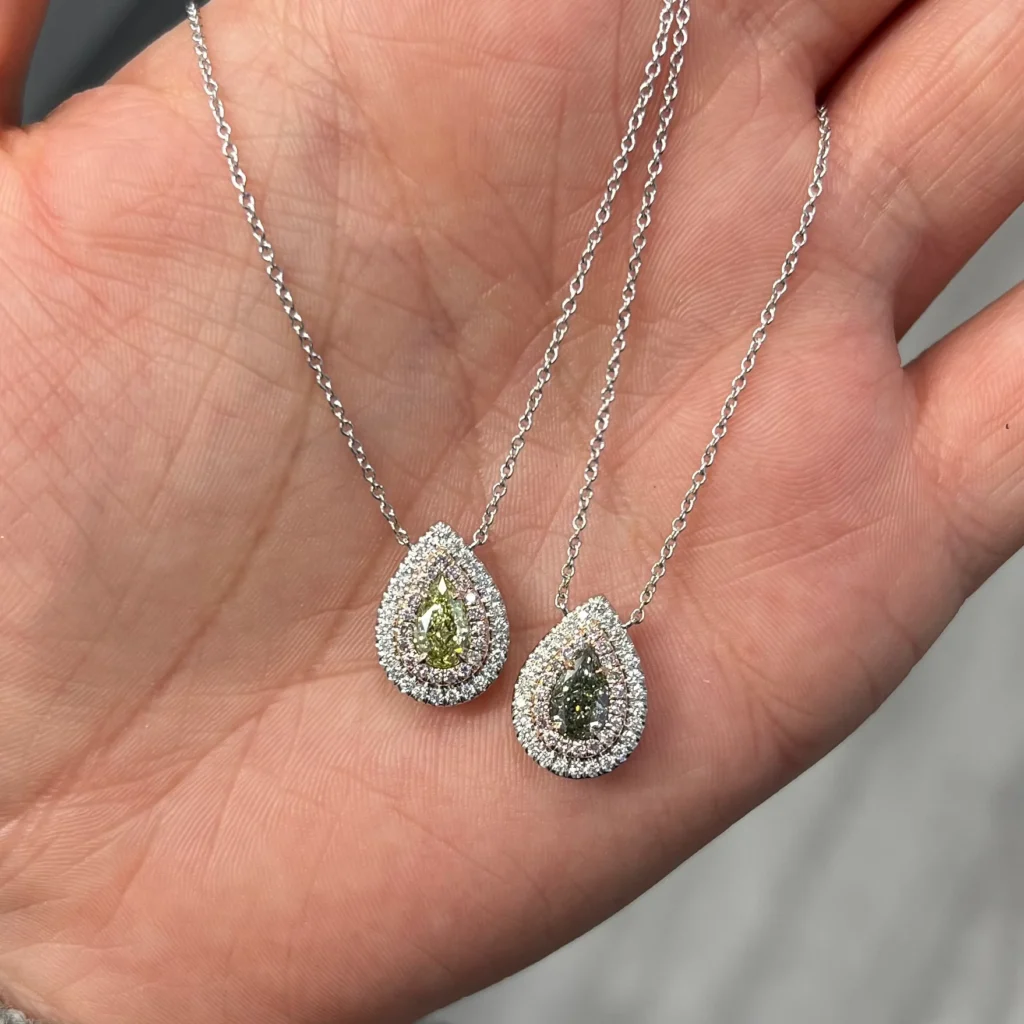 Alternative view of Green 'Chameleon' Pear Shape Diamond Double Halo Pendant