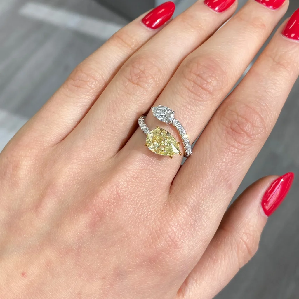 Alternative view of Yellow and White Pear Diamond Spiral Ring
