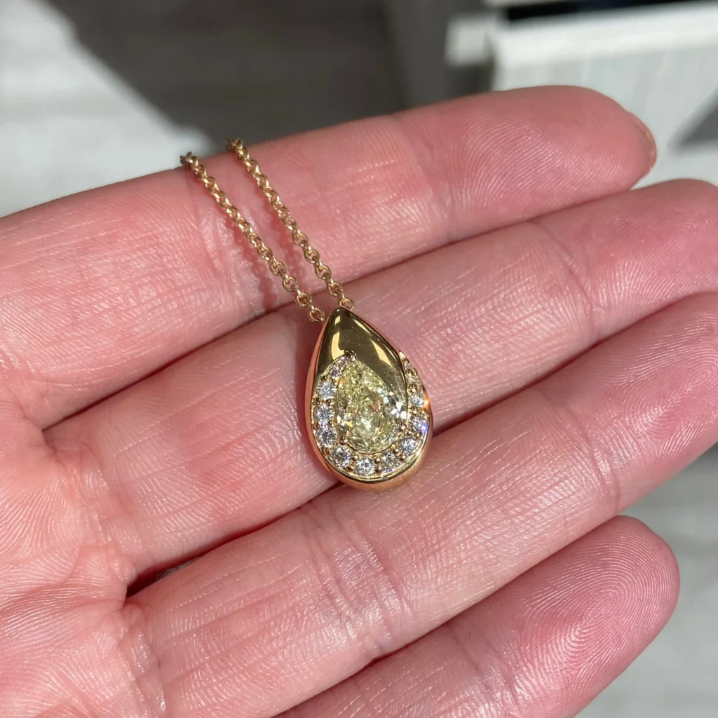 Bezel Spiral Pavé Yellow Pear Diamond Pendant - Image 5