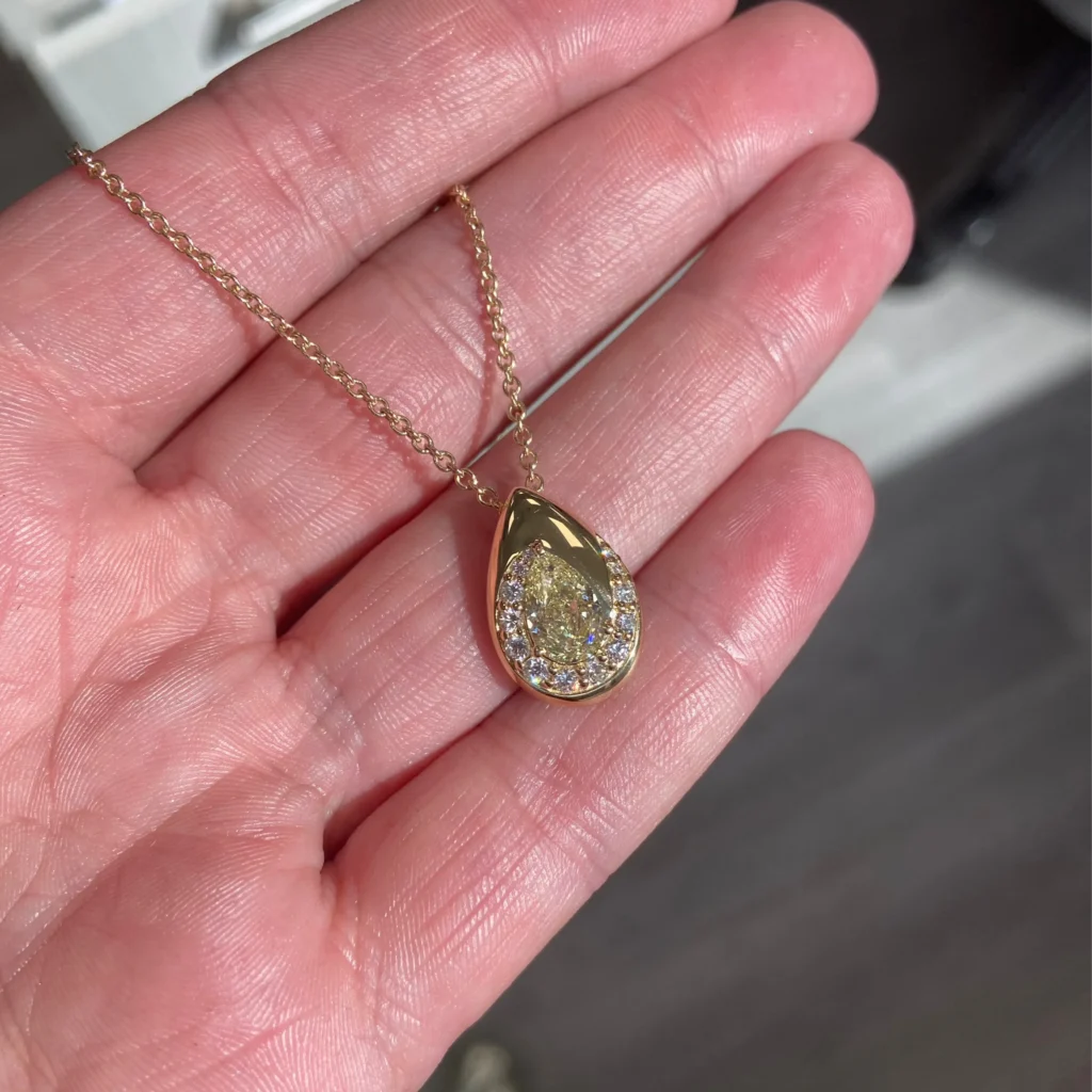 Bezel Spiral Pavé Yellow Pear Diamond Pendant - Image 7