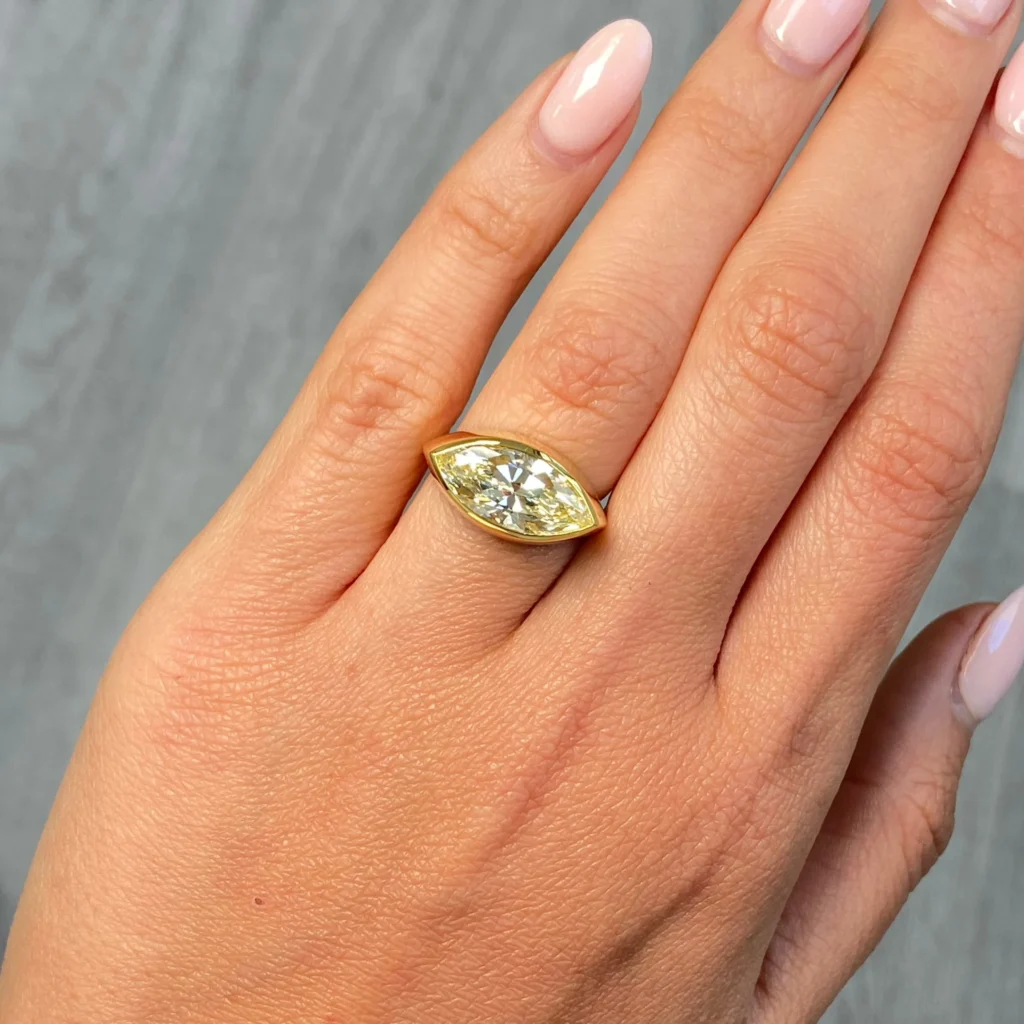 Alternative view of Fancy Yellow Marquise Cut East West Bezel Set Diamond Ring