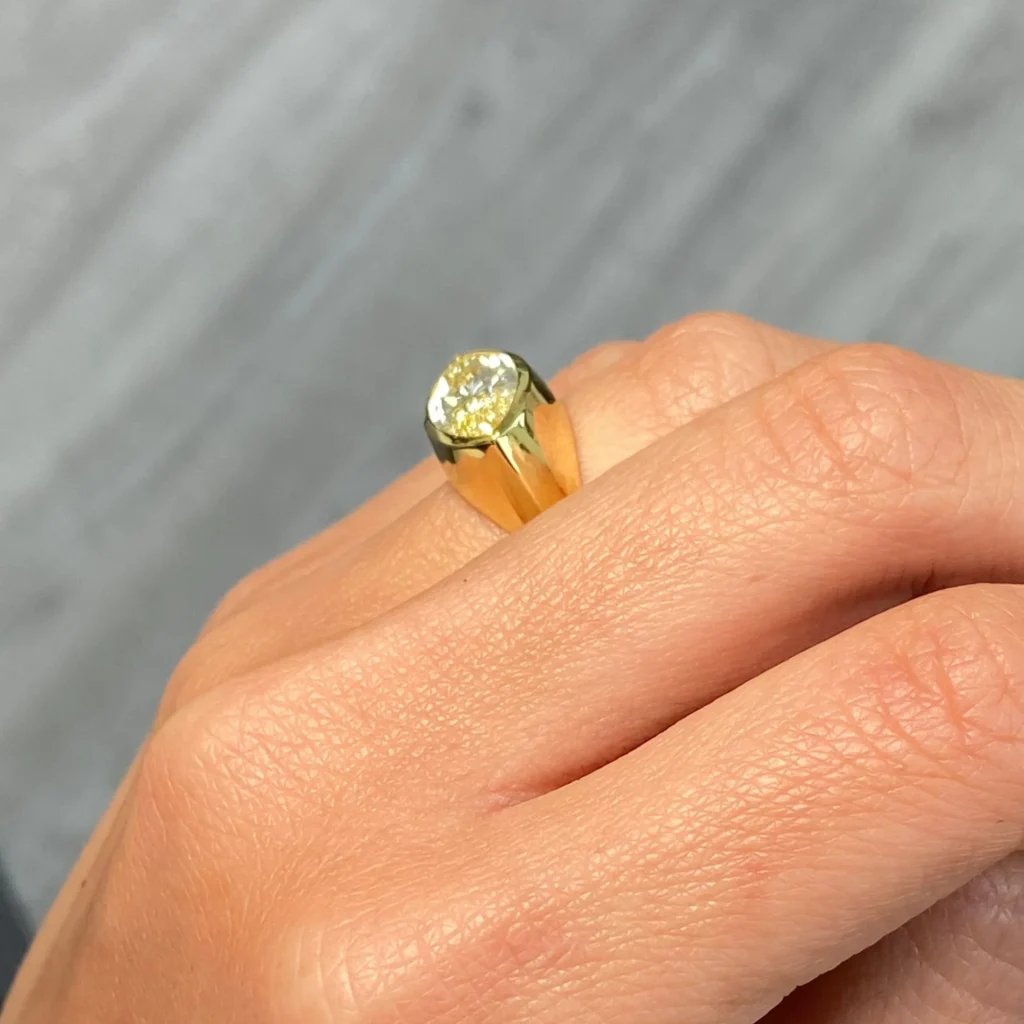 Fancy Yellow Marquise Cut East West Bezel Set Diamond Ring - Image 3
