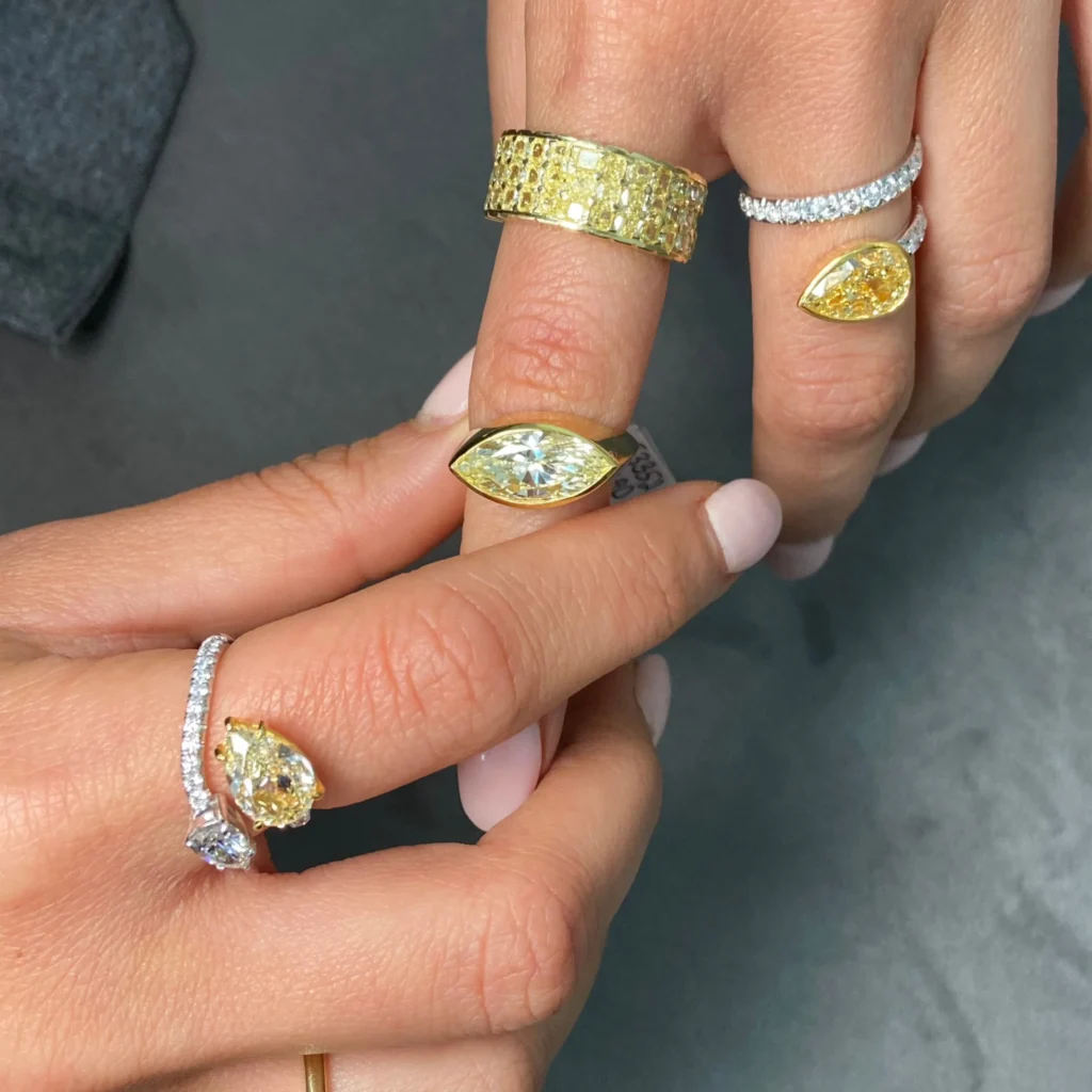 Fancy Yellow Marquise Cut East West Bezel Set Diamond Ring - Image 7