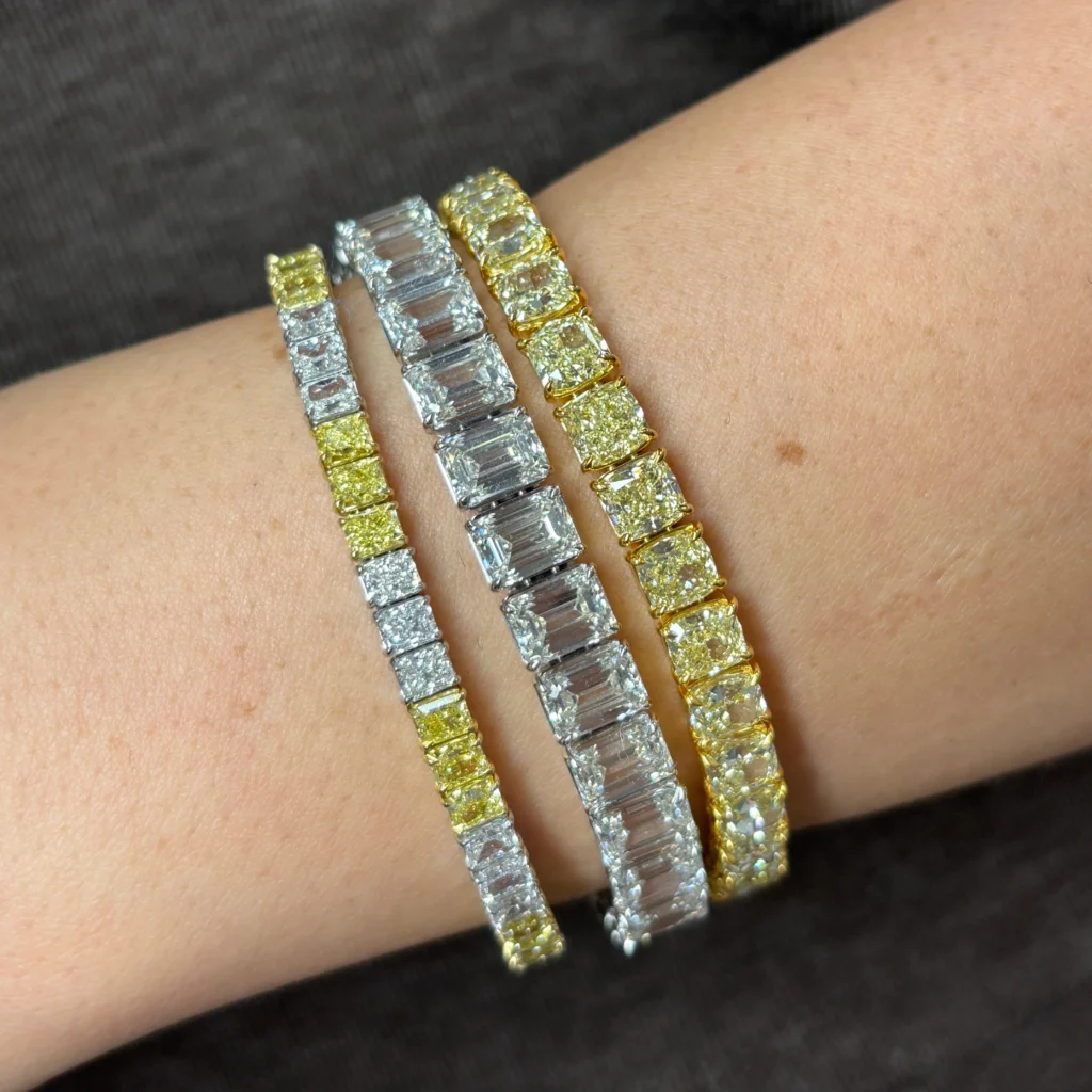 Alternative view of 3:3 Yellow and White Diamond Elongated Radiant Cut Diamond Tennis Bracelet