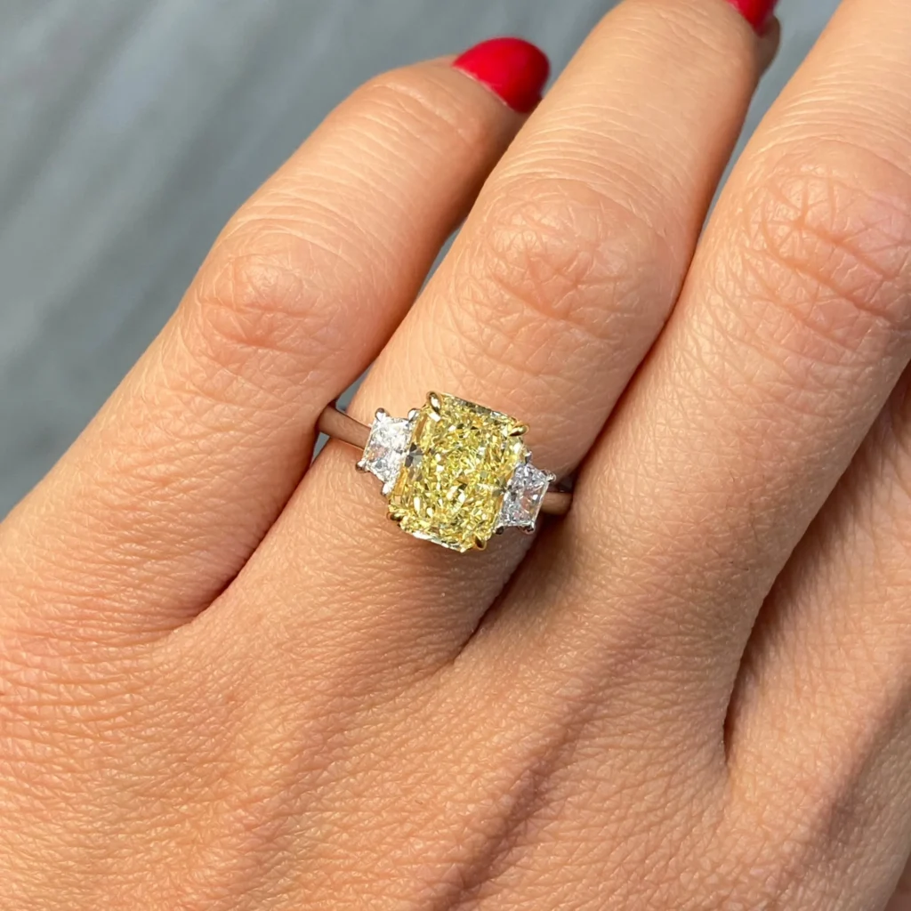 3 Carat Fancy Yellow Elongated Radiant Diamond Three Stone Ring - Image 3