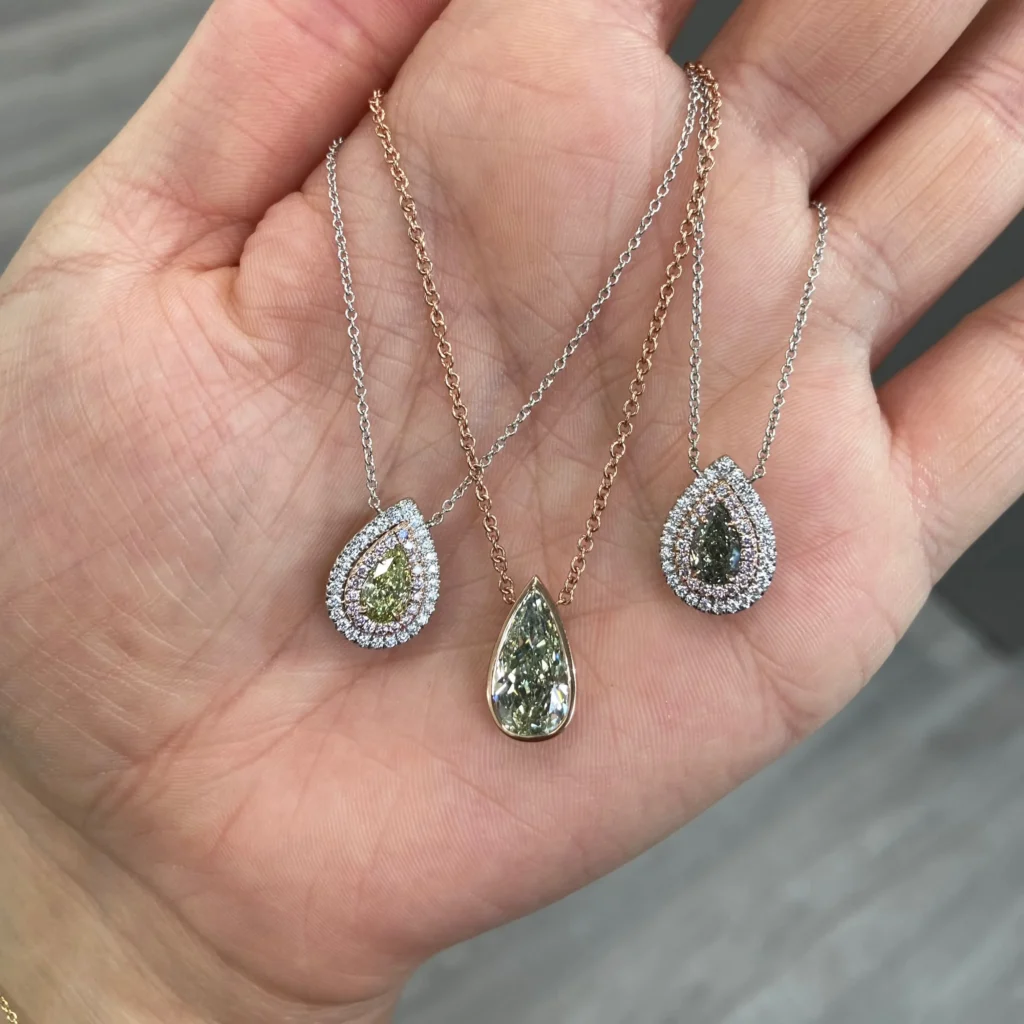 Green 'Chameleon' Pear Shape Diamond Double Halo Pendant - Image 4