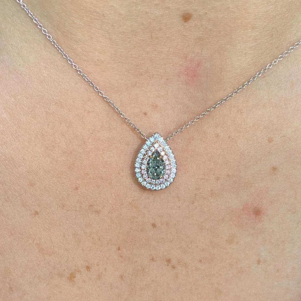 Green 'Chameleon' Pear Shape Diamond Double Halo Pendant - Image 3