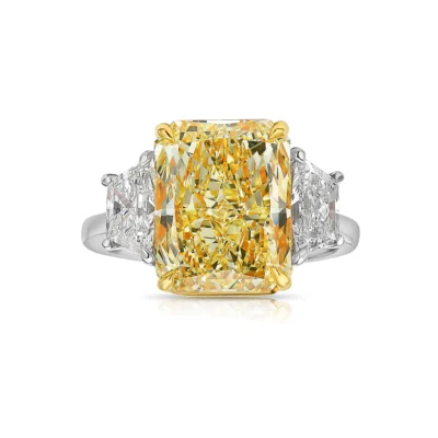 3 Carat Fancy Yellow Elongated Radiant Diamond Three Stone Ring