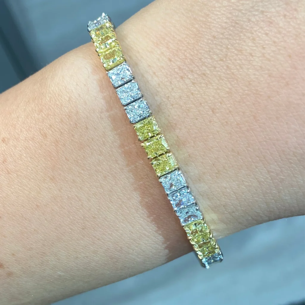 3:3 Yellow and White Diamond Elongated Radiant Cut Diamond Tennis Bracelet - Image 3