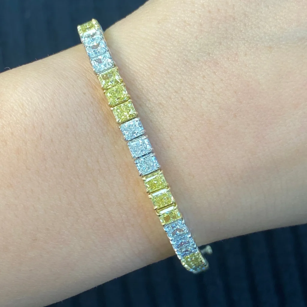 3:3 Yellow and White Diamond Elongated Radiant Cut Diamond Tennis Bracelet - Image 5